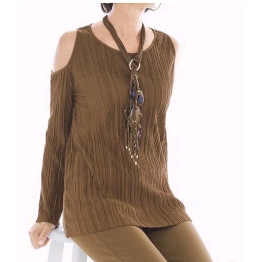 CHICO'S Women's Pleated Faux Suede Cold Shoulder Top Brown Sise 1 (M/8)‎